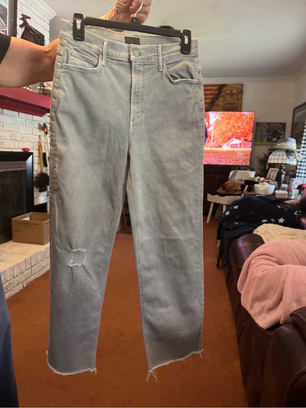 MOTHER Pale Gray Straight-Leg Jeans with Distressed Knee